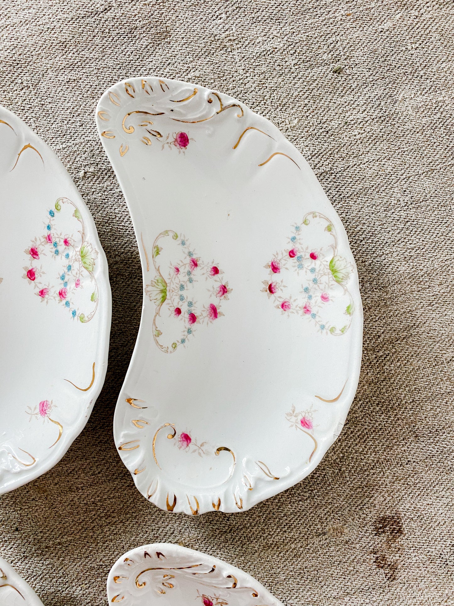 Antique Set of 4 Ironstone Bone Dishes, Hand Painted Floral Gilt, Rivoli by Meakin, England