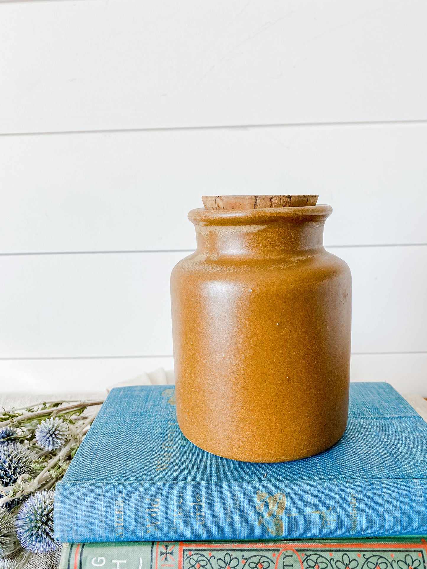 Vintage French Brown Stoneware Mustard Jar with Cork Stopper