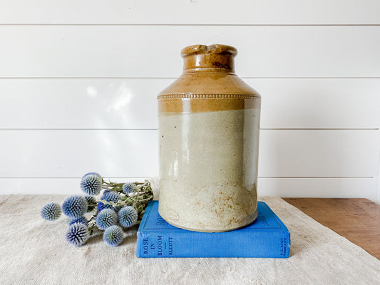 Antique Large English Stoneware 10.5" Crock, Narrow Mouth Two Tone English Pottery Jar