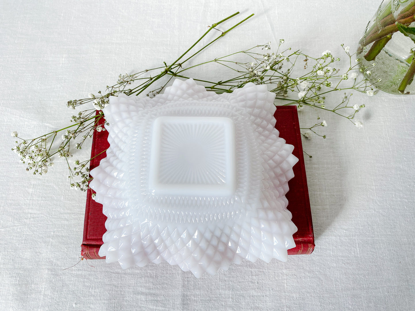 Vintage White and Pink Rippled Milk Glass Candy Dish with Quilted Diamond Pattern