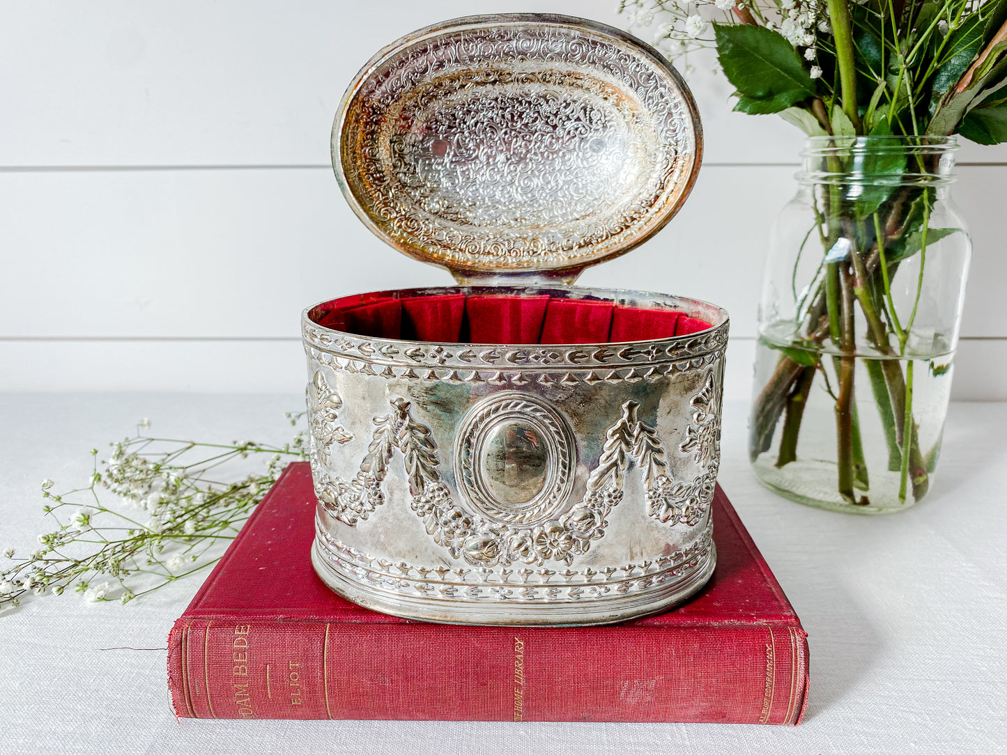 Vintage Silverplate Trinket Jewelry Box with Red Velvet Lining, Gift Presentation Box with Hinged Lid