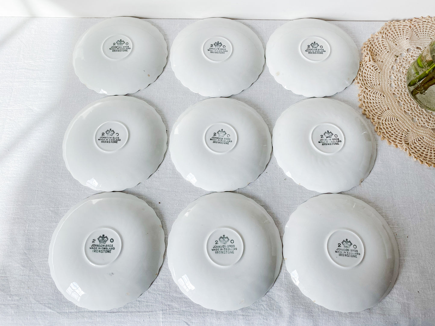 Set of 9 Vintage Crazed White Swirl Ironstone Teacup Saucers, Regency by Johnson Brothers