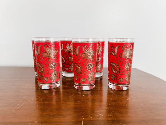 Set of 7 Vintage Libbey Red and Gold Floral Tapestry Highball Glasses