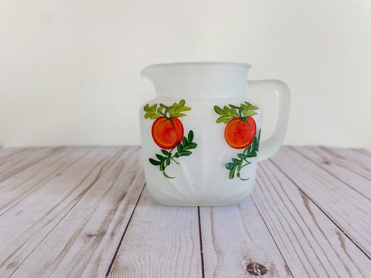 Vintage Satin Frosted Glass Juice Pitcher with Hand Painted Oranges