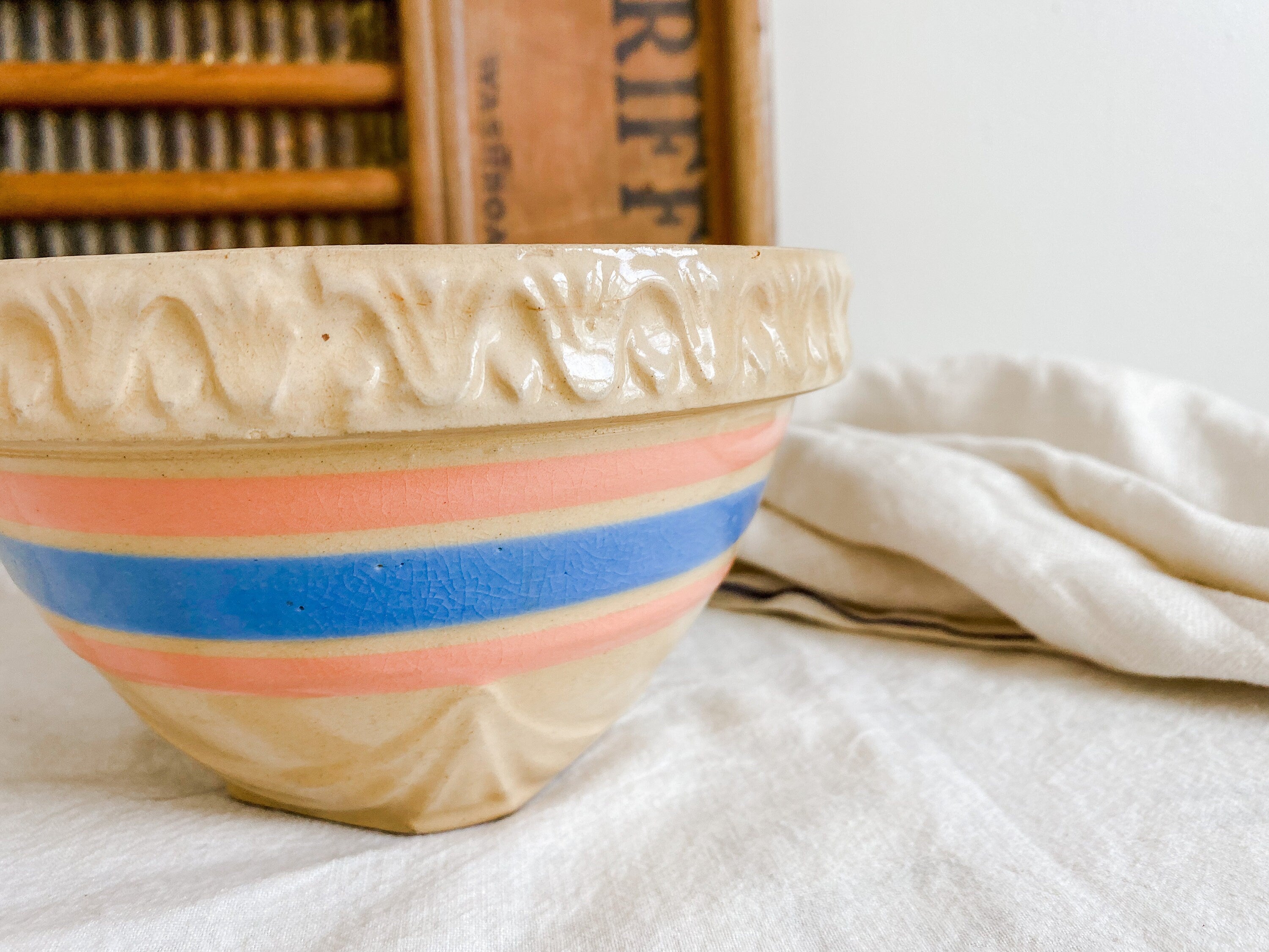 Vintage USA Ovenware Pottery Bowls with Pink and Turquoise Stripe/Antique Pottery/Old Mixing Bowl/Stoneware Bowls hotsell