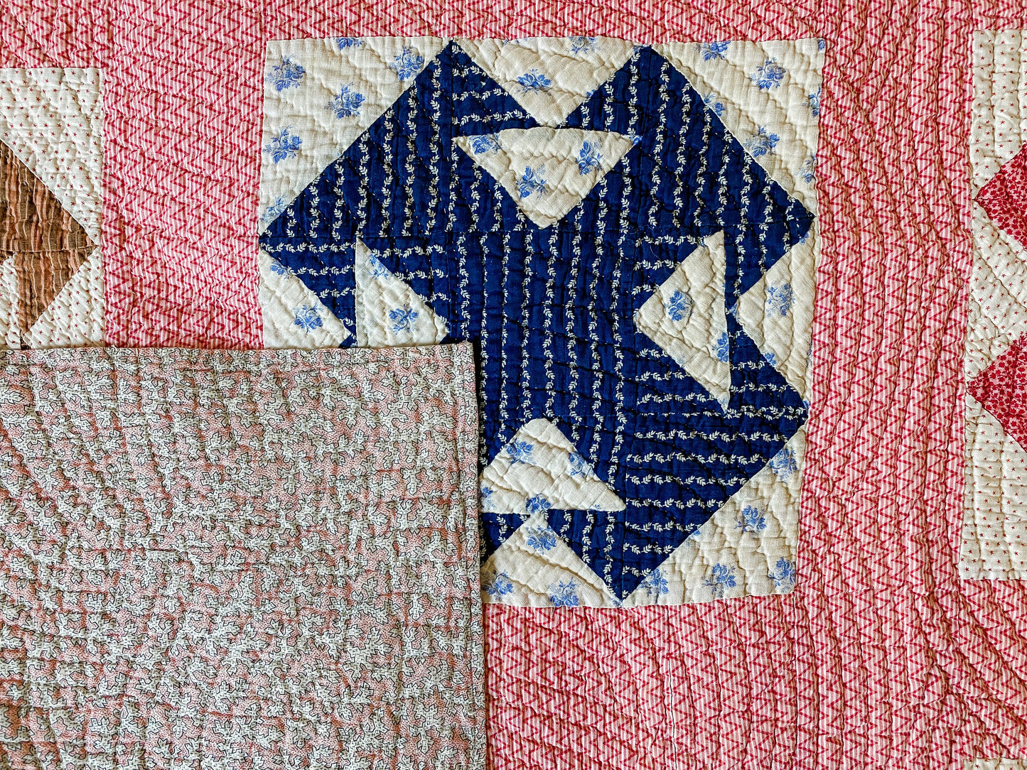 Antique Pink and Blue Double T Quilt, c1900, 82" x 68"