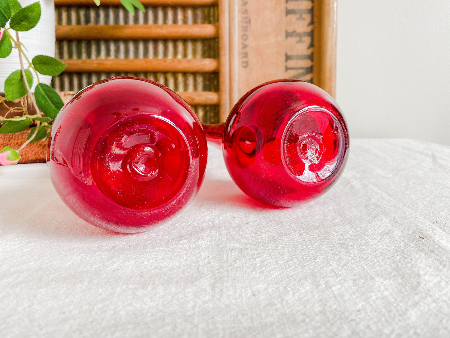 Vintage Pair of Hand Blown Swung Ruby Red Glass Vases with Ball Base