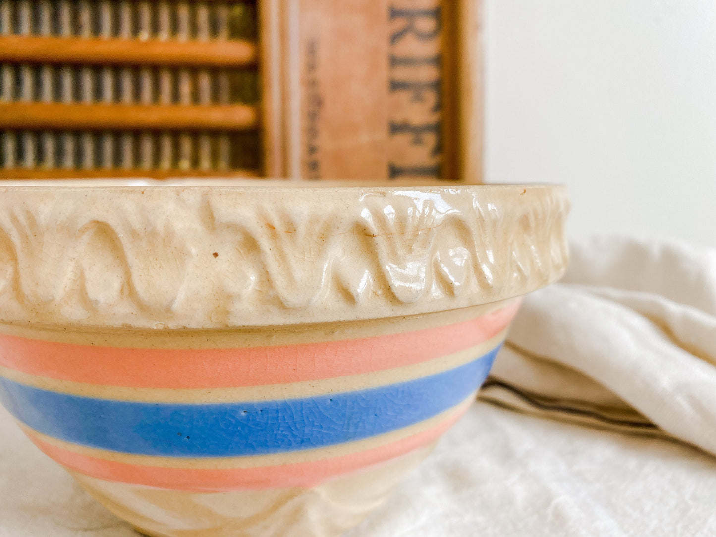 Antique 7" Yellow Ware Pink & Blue Striped Stoneware USA Bowl