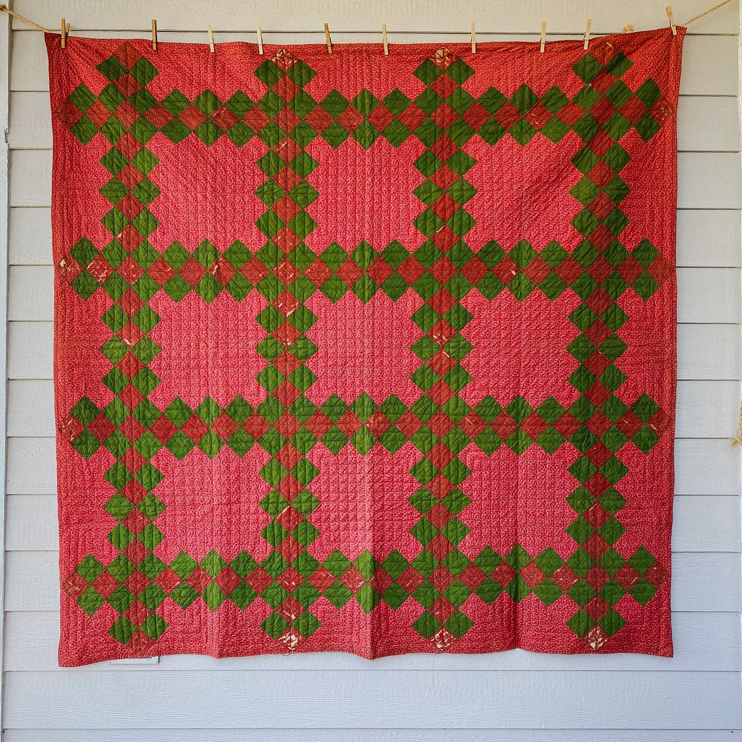 Antique Red and Green Irish Chain Quilt, c1880s, 74" x 73"