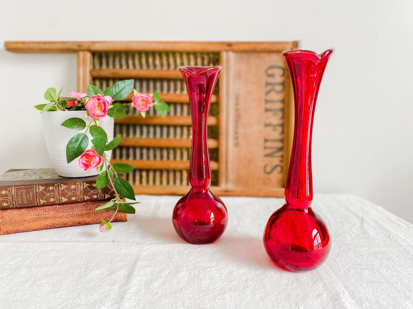 Vintage Pair of Hand Blown Swung Ruby Red Glass Vases with Ball Base