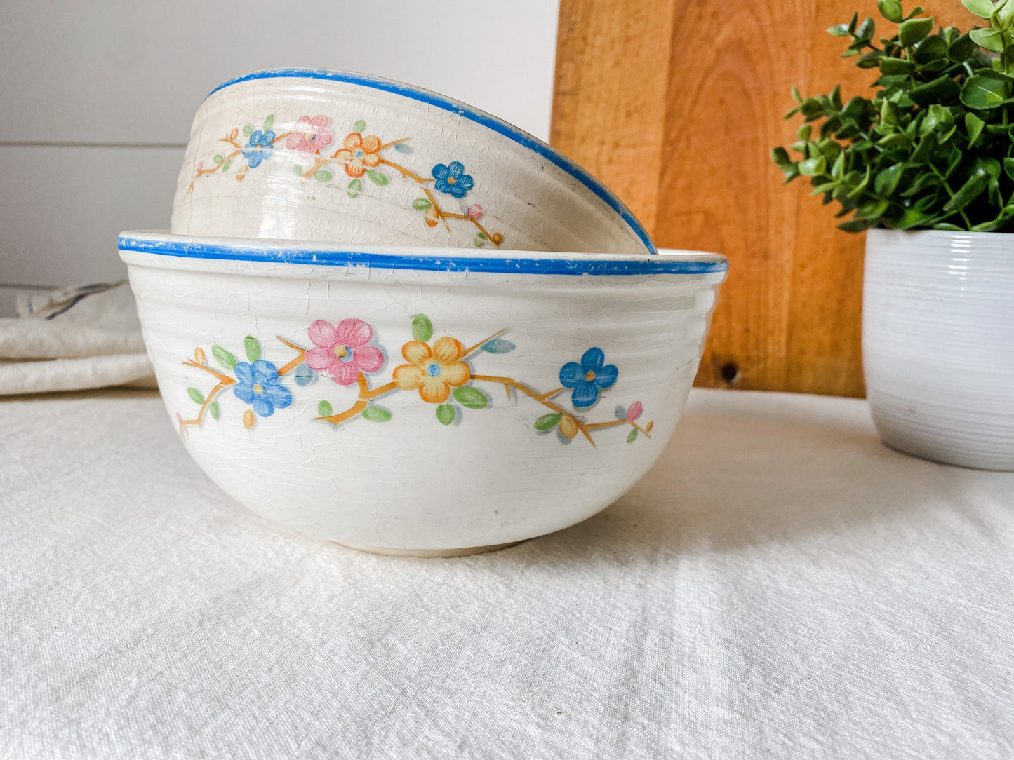 Set of Vintage Bake Oven Blue and White Floral Decorative Mixing Bowls