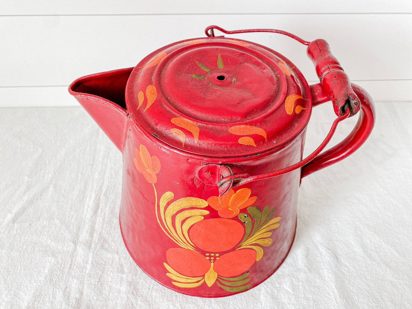 Vintage Hand Painted Red Kettle - Toleware Arts & Crafts Floral Motif Coffee Pot