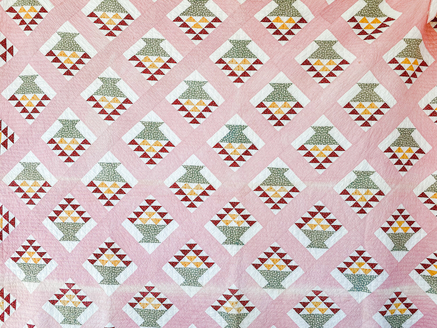 Antique Pink and Green Quilt, Basket Quilt, c1880, 95" x 79"