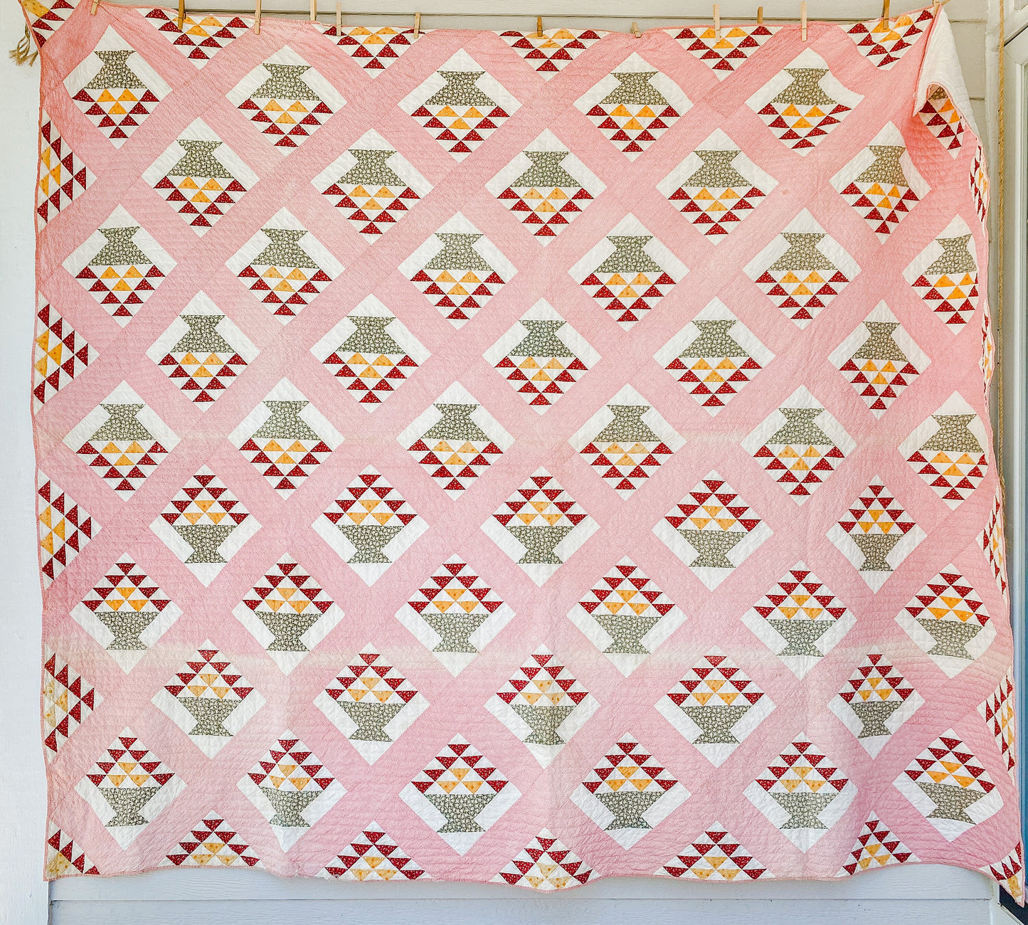 Antique Pink and Green Quilt, Basket Quilt, c1880, 95" x 79"