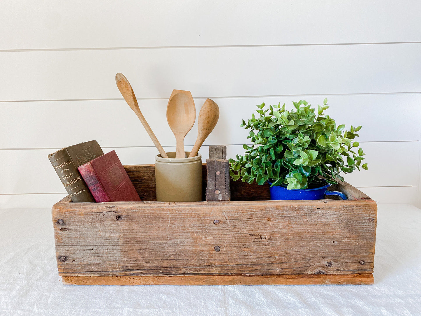 Vintage Handmade Rustic Wooden Storage Caddy with Dividers | Primitive Farmhouse Decor