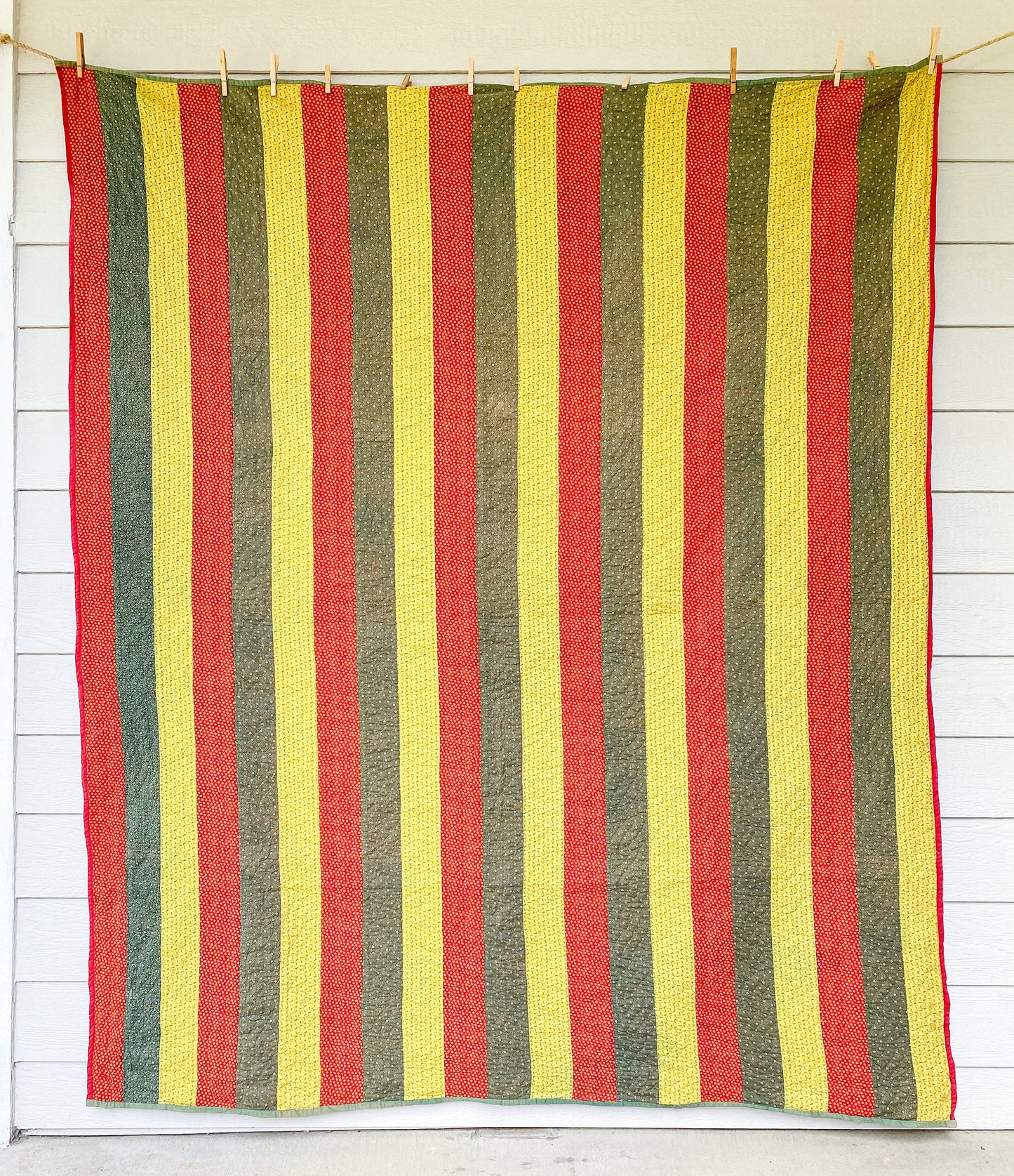 Vintage Reversible Brown Yellow Red and Green Bar Quilt, 84" x 72"