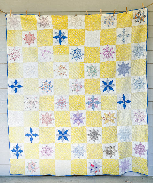 Vintage Yellow and Blue Eight Point Star Quilt, c1950s, 79" x 76"