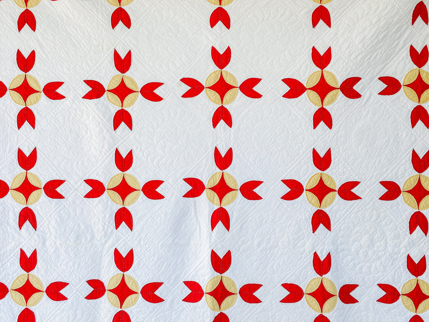 Vintage Red and Yellow Rosebud Turkey Track Variation Twin Quilt, 66" x 81"