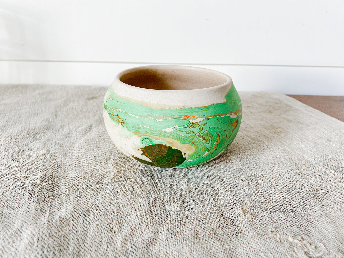 Vintage Nemadji Pottery Green Orange Swirl Bowl